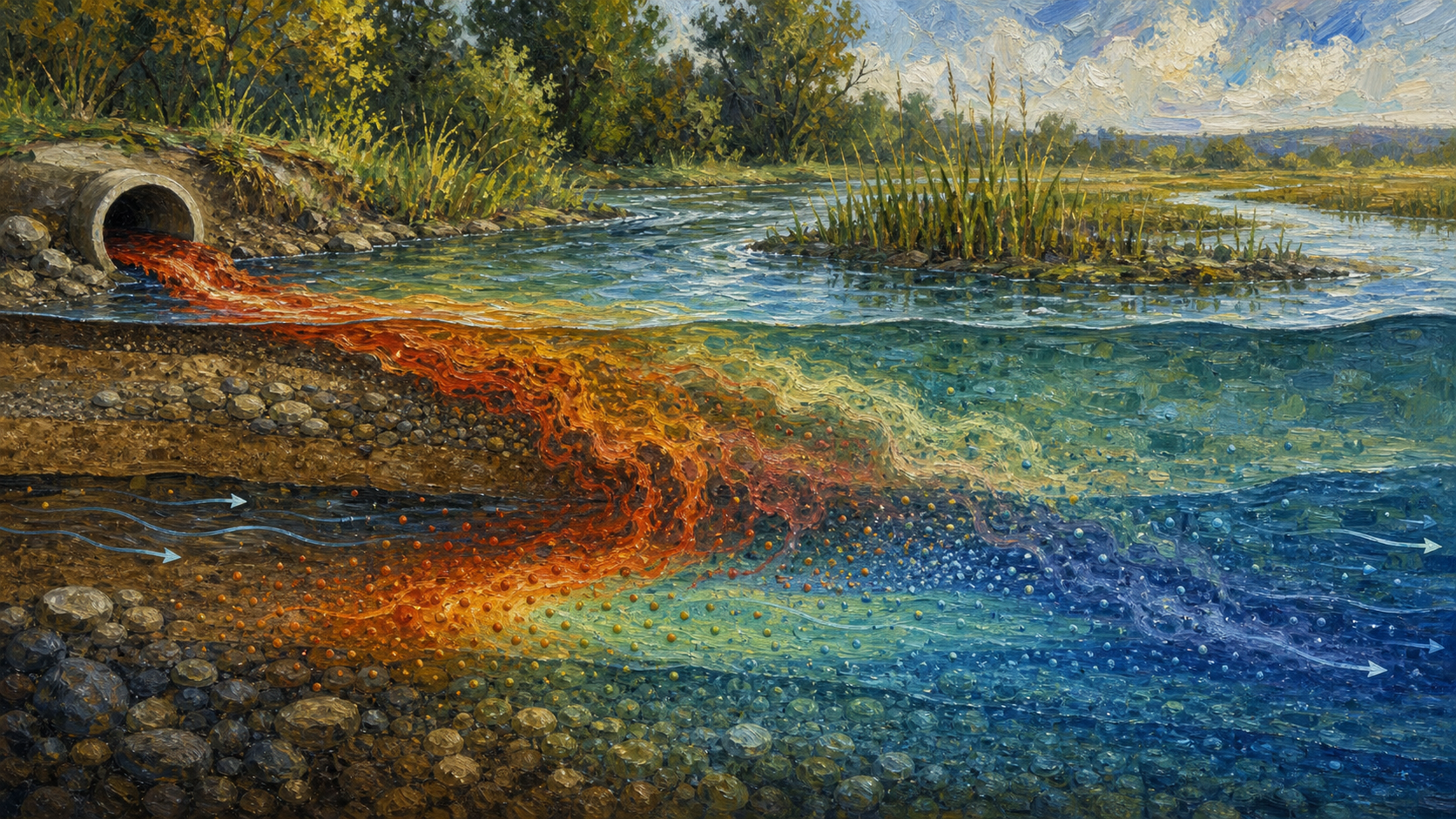Painterly environmental contaminant plume moving through water and sediment