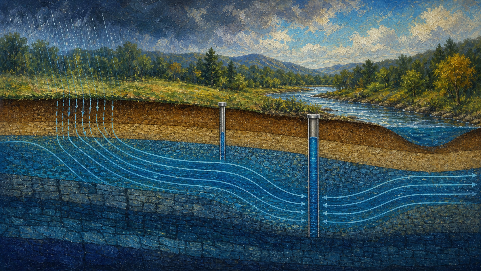 Painterly aquifer cross-section with groundwater flow paths and wells