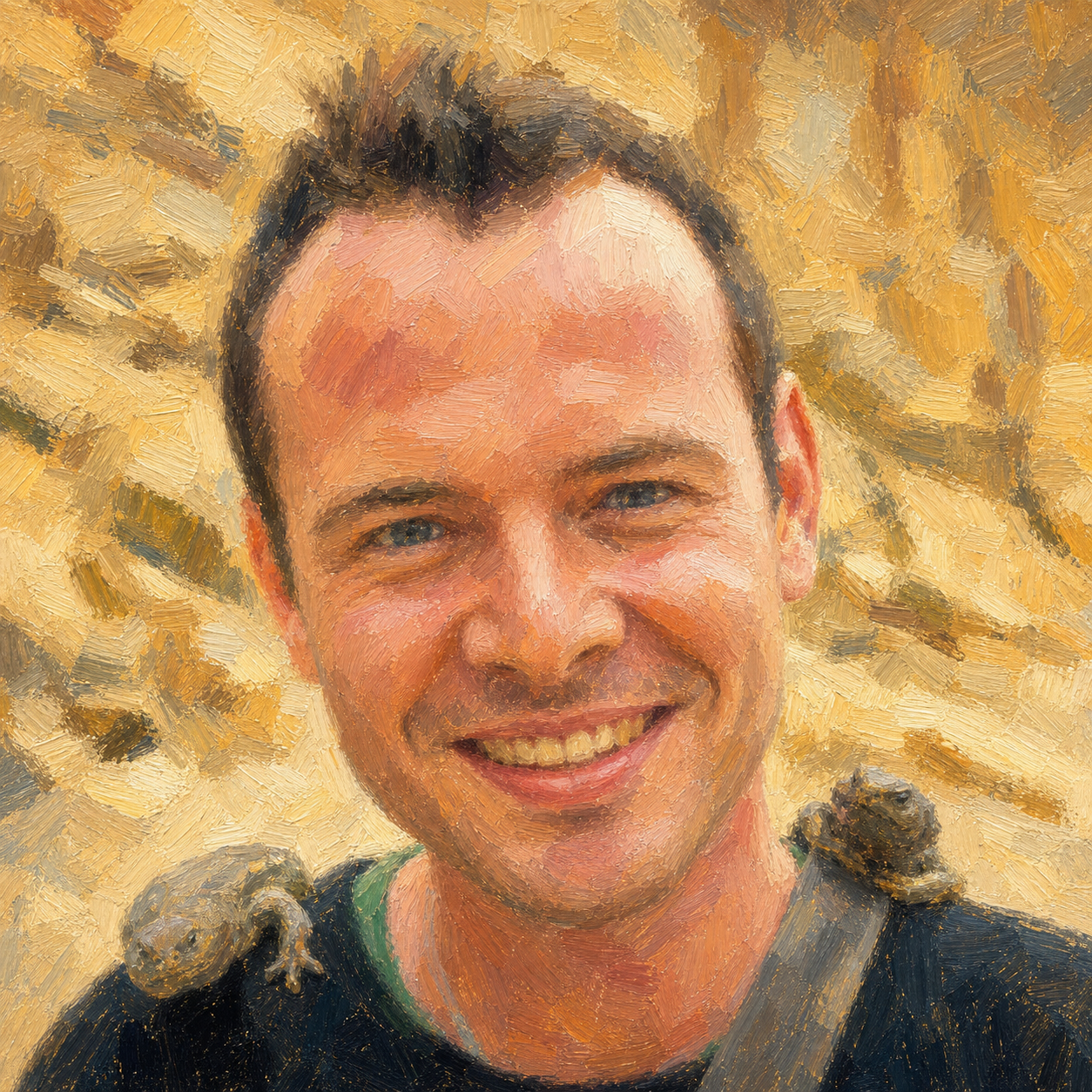 Post-impressionist portrait of Diogo Bolster with salamanders