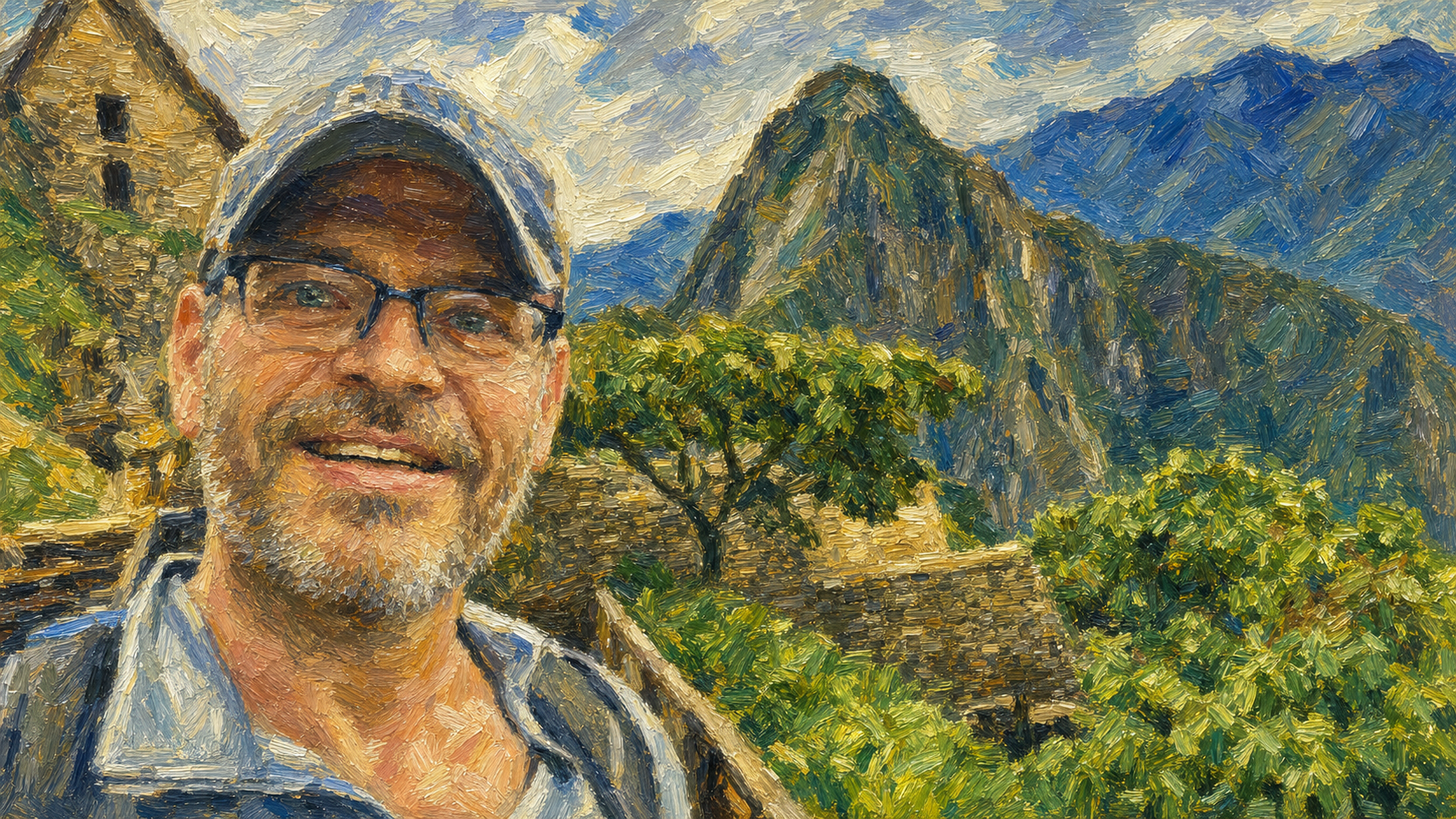 Post-impressionist painting style selfie at Machu Picchu