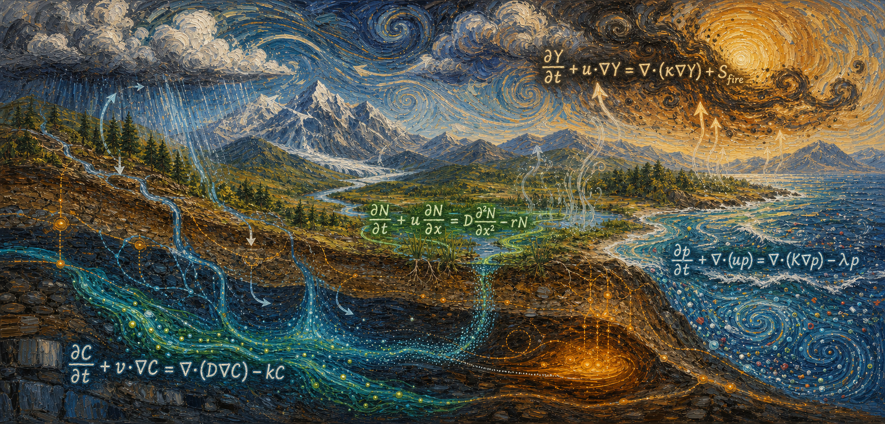 Post-impressionist illustration of contaminants and governing equations across groundwater, atmosphere, river, and coastal systems