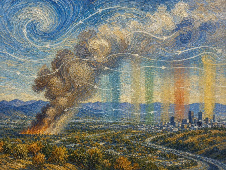 Painterly illustration of atmospheric turbulence, smoke, and aerosols