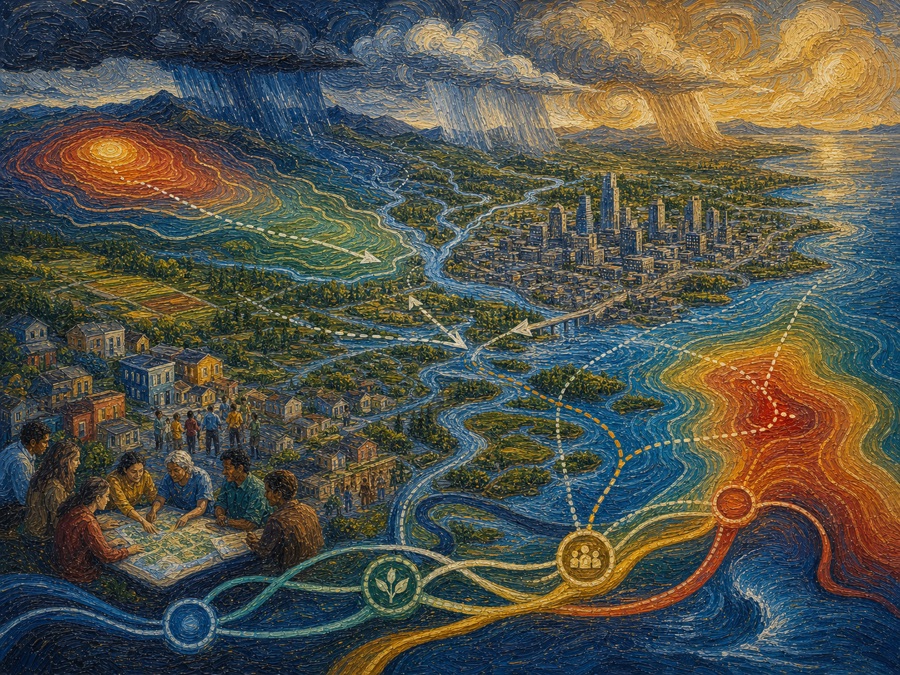Painterly illustration of climate risk, uncertainty, and environmental justice