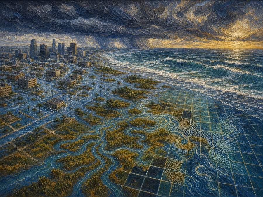 Painterly illustration of storm surge and coastal flooding
