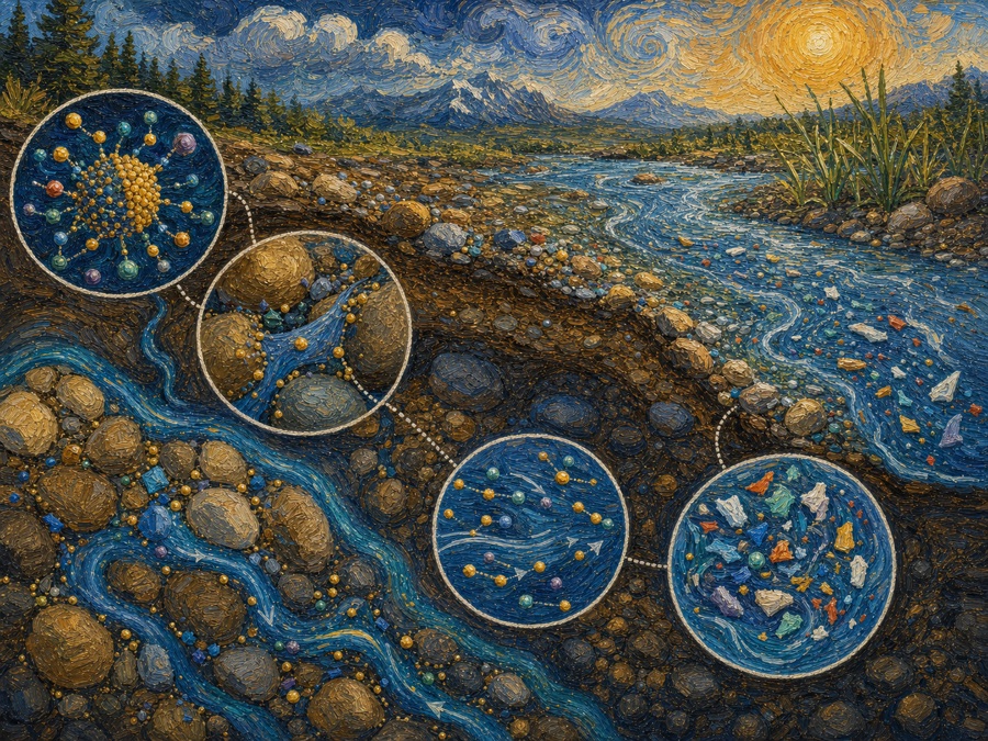 Painterly illustration of colloids, nanoparticles, and microplastics in environmental flow paths