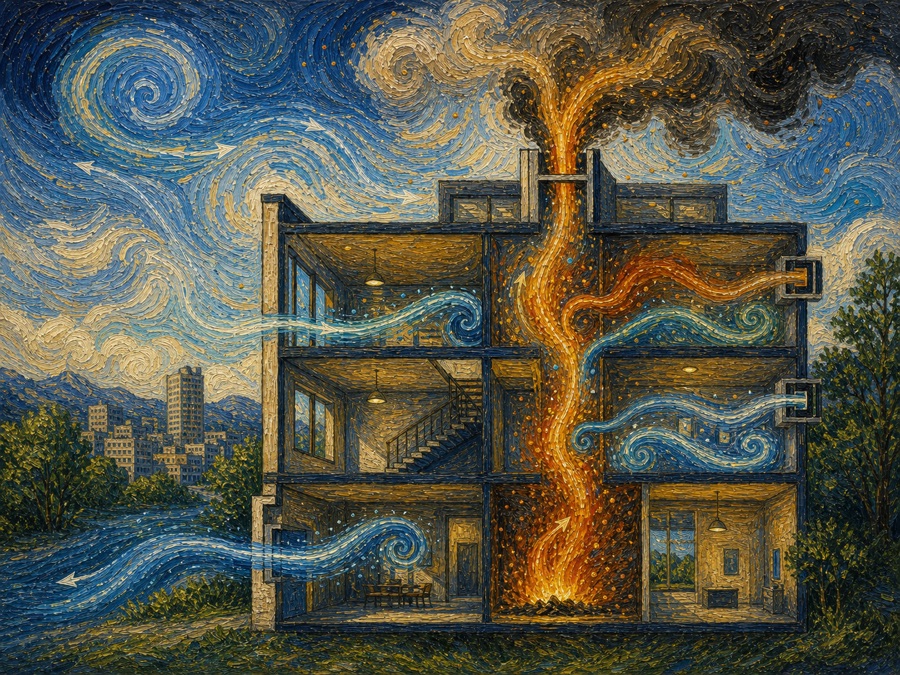 Painterly illustration of buoyancy-driven flow through buildings and vents