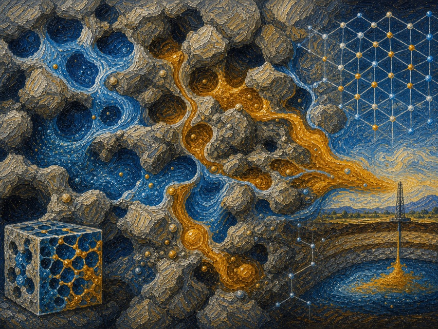 Painterly illustration of multiphase flow and interfaces in porous rock