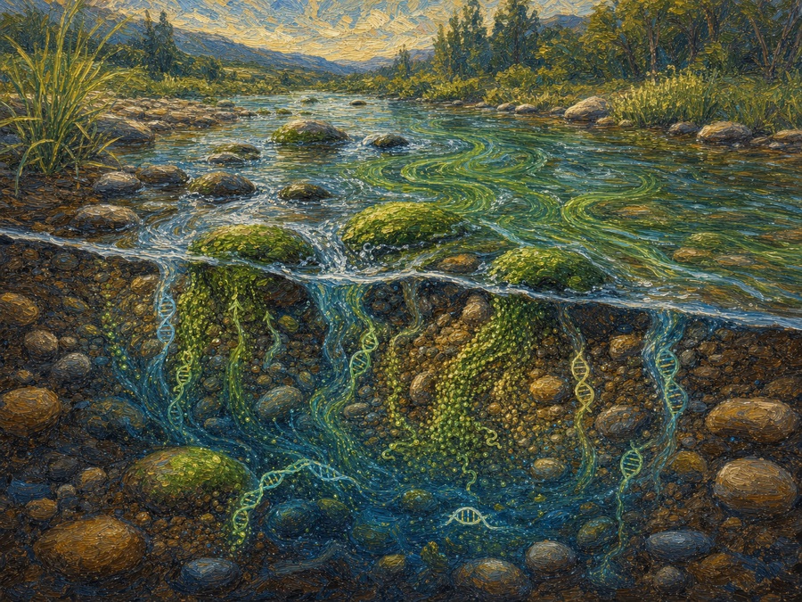 Painterly illustration of stream nutrients, biofilms, and environmental DNA transport
