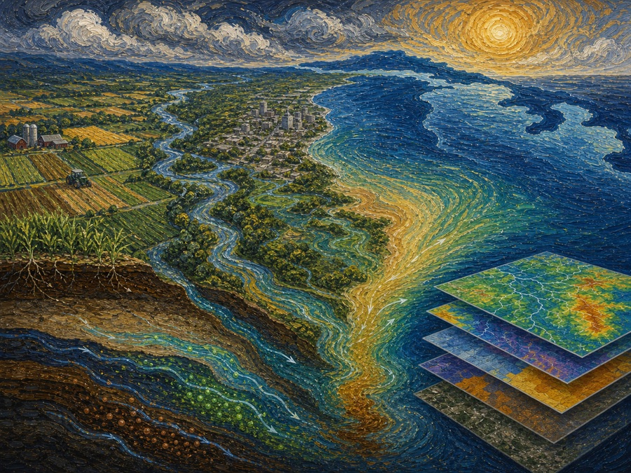 Painterly illustration of watershed management, sediment, nutrients, and land use